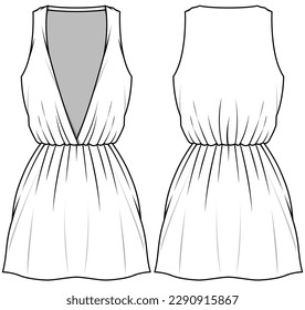 mujeres sin mangas de cuello v profundo mini vestido de dibujo plano ilustración vectorial plantilla técnica de dibujo de cad