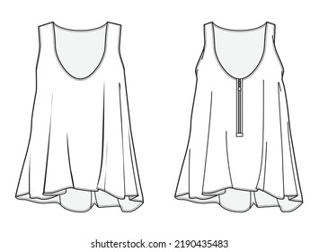 womens sleeveless flare hem tank top flat sketch vector illustration. cad mockup.