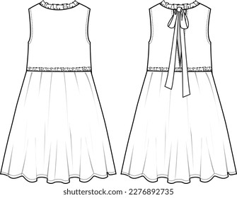 Vestido de corbata sin mangas de las mujeres - Ilustración técnica de la moda. Delantera y trasera, color blanco. Burla de CAD de mujeres.