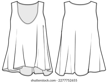 Women's sleeveless flounce Tank top vest flat sketch fashion illustration drawing template mock up with front and back view. Sleeveless waterfall top cad drawing