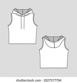 Womens sleeveless hooded Crop tank top fashion flat sketch technical drawing design vector