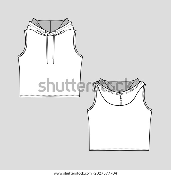 Womens sleeveless hooded Crop tank\
top fashion flat sketch technical drawing design\
vector