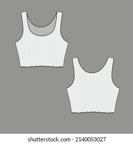 Womens sleeveless Lettuce hem Crop Top Ribbed tank top  t shirt  flat sketch technical drawing template design vector