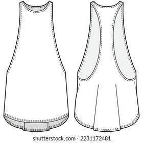 Women's sleeveless Muscle Tank top vest flat sketch fashion illustration drawing template mock up with front and back view