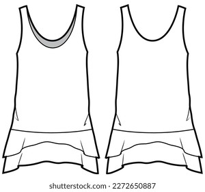 Women's sleeveless Peplum Tank top vest flat sketch fashion illustration drawing template mock up with front and back view