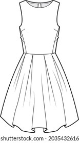 Women's sleeveless pleated skater dress technical drawing vector illustration mockup