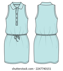 womens sleeveless polo collar dress flat sketch vector illustration front and back view technical drawing template. cad mockup.