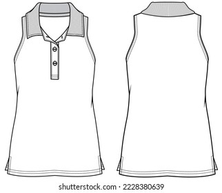 Women's sleeveless polo collar Tank top vest flat sketch fashion illustration drawing template mock up with front and back view