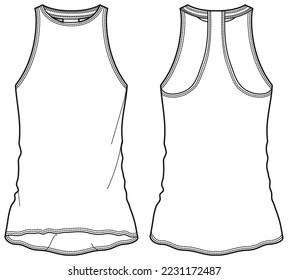 Women's sleeveless racer back loose fit Tank top vest flat sketch fashion illustration drawing template mock up with front and back view