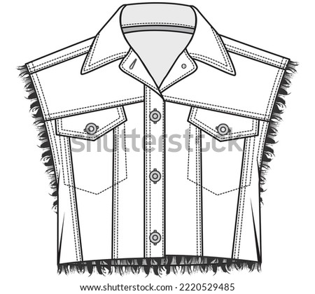 womens sleeveless raw hem flap pocket crop denim jacket flat sketch vector illustration technical cad drawing template Foto d'archivio © 