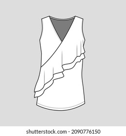 Womens Sleeveless Ruffles v neck top t shirt blouse cad flat sketch technical drawing template design vector