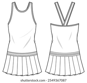 womens sleeveless scoop neck short tennis dress flat sketch vector illustration sports dress front and back view technical cad drawing template