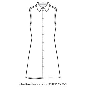 Womens Sleeveless Shirt Dress Button Front Shirt Collar Dress Flat Sketch Vector Illustration