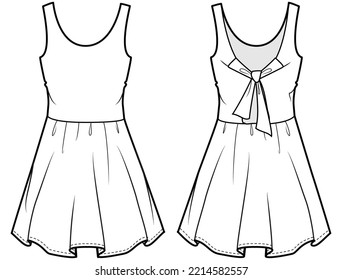 womens sleeveless skater dress with tie back details fashion flat sketch vector illustration front and back view technical drawing template. cad mockup.