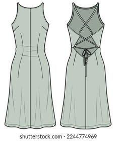 womens sleeveless strappy tie back dress flat sketch vector illustration front and back view party wear dress technical cad drawing template