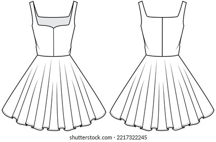 womens sleeveless sweetheart neck skater dress flat sketch vector illustration short mini dress front and back view technical cad drawing template.