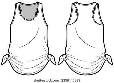 Women's sleeveless Tank top vest flat sketch fashion illustration drawing template mock up with front and back view. tie side tank top cad drawing