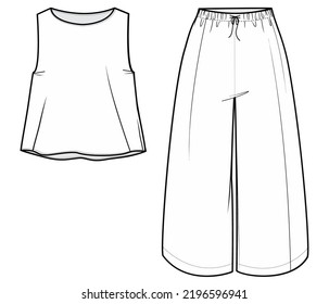 womens sleeveless top and flared pant fashion flat sketch vector illustration. cad mockup.  