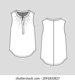 Womens sleeveless Top Henley Neck Pleat Gathering tank top  Vest fashion bottom shape blouse t shirt flat sketch technical drawing template design vector
