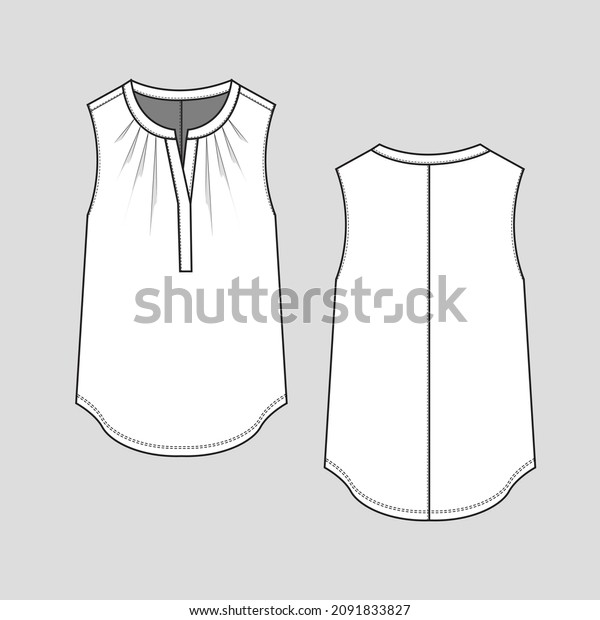 Womens sleeveless Top Henley Neck Pleat\
Gathering tank top  Vest fashion bottom shape blouse t shirt flat\
sketch technical drawing template design\
vector