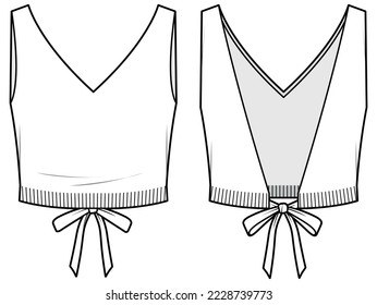 womens sleeveless v neck bow tie back crop top flat sketch vector illustration beach summer outfit front and back view technical cad drawing template