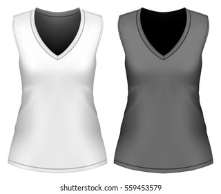 Women's sleeveless v-neck t-shirt. Fully editable handmade mesh. Vector illustration.
