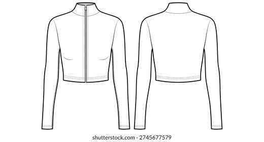 Women's Slim Fit Full Zip Crop Athletic Jacket- Front and Back View- Flat Vector Illustration-CAD Mock-up