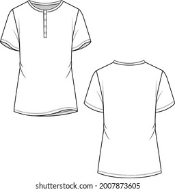 Womens Slim fit  henley  neck t-shirt top short sleeve technical  flat sketch drawing vector design