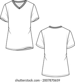 Womens Slim fit  V  neck t-shirt top short sleeve technical  flat sketch drawing vector design