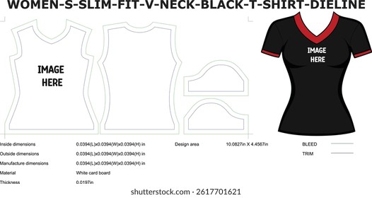 Womens slim fit vneck black tshirt dieline vector template