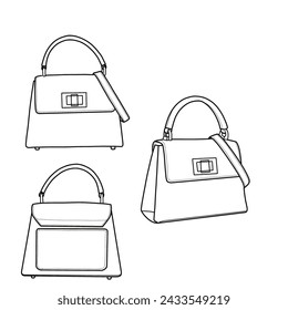 Bolso de honda para mujer. Bolso de la manija superior boceto plano ilustración de moda dibujo plantilla maqueta. Vista frontal, posterior y lateral.