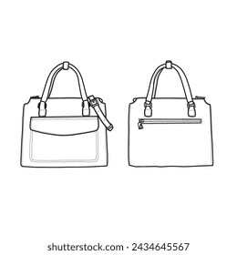 Women's sling bag. Top handle bag flat with zipper in the back side, sketch fashion illustration drawing template mock-up. Front and back view.