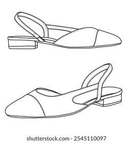 Women's Slingback Flats, Square Toe Flats Dressy Casual Work Office Party Shoes Line art, Technical sketch hand drawing outline vector doodle illustration side and isometric view isolated on white 