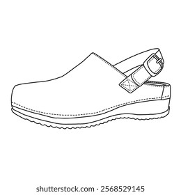 Women's Sling-Back Mules shoes line art, Technical sketch hand drawing outline vector doodle side isometric view isolated on white background for coloring page