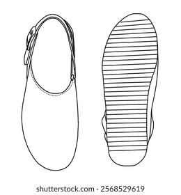 Women's Sling-Back Mules shoes line art, Technical sketch hand drawing outline vector doodle top and bottom view isolated on white background for coloring page