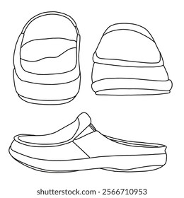 Women's slip on Backless Loafer Shoes Line art, Technical sketch hand drawing outline vector doodle various view isolated on white background for coloring page