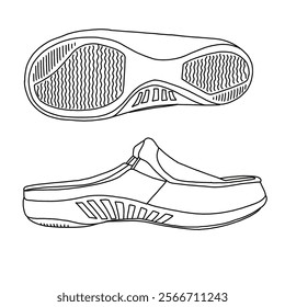 Women's slip on Backless Loafer Shoes Line art, Technical sketch hand drawing outline vector doodle side and bottom view isolated on white background for coloring page