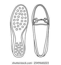 Women's Slip on Buckle Loafer Shoes Line art, Technical sketch hand drawing outline vector doodle top and bottom view isolated on white background for coloring page