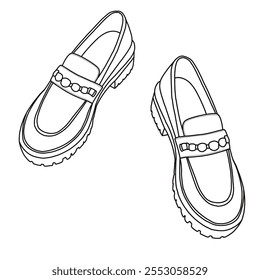 Deslizamento de mulheres sobre carregadores de salto, Business Casual Shoes Line art, esboço técnico mão desenho contorno vetor doodle top isométrica 3D vista isolada no fundo branco para coloração página