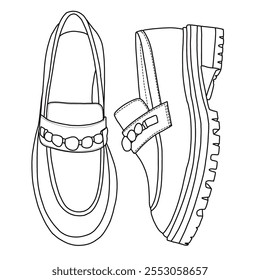 Slip das mulheres sobre carregadores de salto, negócios casuais sapatos Line art, esboço técnico mão desenho contorno vetor doodle lado e vista inferior isolado no fundo branco para coloração página