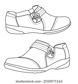 Deslizamento de mulheres no sapato casual de vigas Line art, esboço técnico mão desenho contorno vetor doodle lado isométrico 3D vista isolada no fundo branco para colorir página