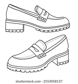 Slip On Loafer Shoes Line art, esboço técnico mão desenho contorno vetor doodle lado isométrico 3D vista isolada no fundo branco para colorir página