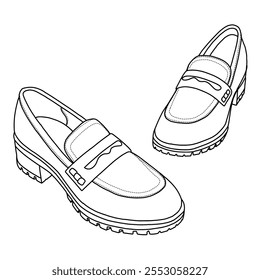 Slip On Loafer Shoes Line art, esboço técnico mão desenho esboço vetor doodle top isométrica 3D vista isolada no fundo branco para colorir página