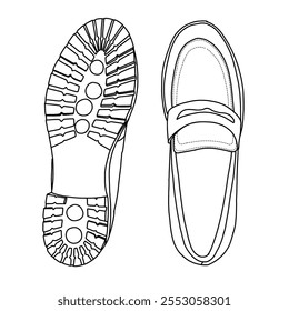 Slip On Loafer Shoes Line art, esboço técnico mão desenho esboço vetor doodle vista superior e inferior isolada no fundo branco para colorir página