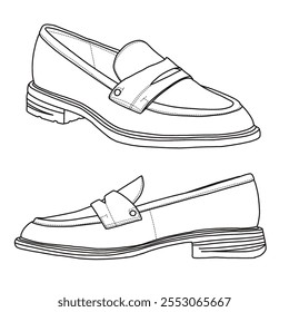 Slip On Loafers feminino, Business Casual Shoes Line art, esboço técnico mão desenho contorno vetor doodle lado isométrico 3D vista isolada no fundo branco para colorir página