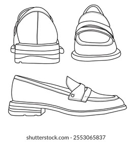 Slip On Loafers feminino, Business Casual Shoes Line arte, Desenho técnico mão esboço esboço vetor doodle vários vista isolada no fundo branco para colorir página