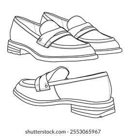 Slip On Loafers feminino, Business Casual Shoes Line art, esboço técnico mão desenho contorno vetor doodle lado 3D isométrica e vista traseira isolada no fundo branco para colorir página