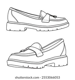 Slip On Loafers Casual Shoes Line art, esboço técnico mão desenho contorno vetor doodle lado 3D isométrica vista isolada no fundo branco para colorir página