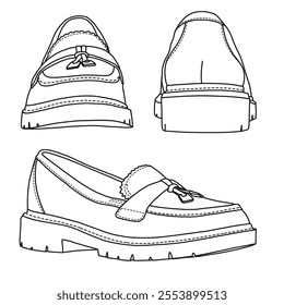 Women's Slip On Loafers Casual Shoes Line art, Technical sketch hand drawing outline vector doodle various view isolated on white background for coloring page