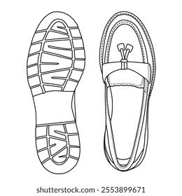 Women's Slip On Loafers Casual Shoes Line art, Technical sketch hand drawing outline vector doodle top and bottom view isolated on white background for coloring page